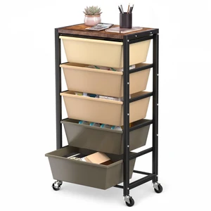 Rolling Cart with 5 Drawers, Plastic Drawer Storage Carts with Wheels & Wooden Tabletop, Metal Utility Cart for Office Bedroom Living Room Classroom, Craft Organization and Storage, Brown Rolling Cart with 5 Drawers, Plastic Drawer Storage Carts with Wheels & Wooden Tabletop, Metal Utility Cart for Office Bedroom Living Room Classroom, Craft Organization and Storage, Brown