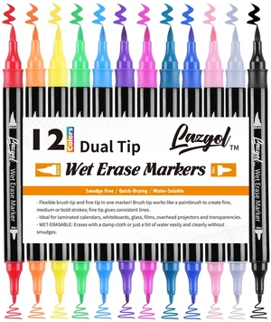 Wet Erase Markers Dual Tip, 12 Assorted Colors, Dual Tip Brush & Fine Overhead Transparency Smudge Free Markers for Dry Erase Whiteboard, Refrigerator Calendars, Glass, Films and Any Kind of Wet Erase Markers Dual Tip, 12 Assorted Colors, Dual Tip Brush & Fine Overhead Transparency Smudge Free Markers for Dry Erase Whiteboard, Refrigerator Calendars, Glass, Films and Any Kind of