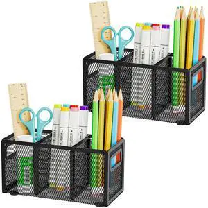 Mesh Pen Holder for Desk, Pencil Holder Desk Organizer 3 Adjustable Compartments, Pencil Cup with Handle Perfect for Classroom, Office, Home, Makeup, Art (Black-2P) Mesh Pen Holder for Desk, Pencil Holder Desk Organizer 3 Adjustable Compartments, Pencil Cup with Handle Perfect for Classroom, Office, Home, Makeup, Art (Black-2P)