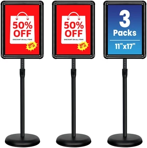 3Pack 11x17 Sign Holder Stand, Adjustable Floor Standing Sign Holder Pedestal Poster Stand, Adjustable Height, Vertical/Horizontal Snap-Open Frame, Business & Store Sign Stand for Display, Black 3Pack 11x17 Sign Holder Stand, Adjustable Floor Standing Sign Holder Pedestal Poster Stand, Adjustable Height, Vertical/Horizontal Snap-Open Frame, Business & Store Sign Stand for Display, Black