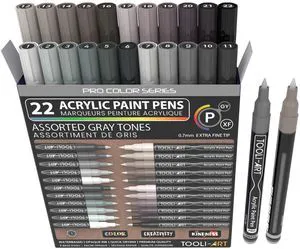 Acrylic Paint Pens 22 Gray Tones Assorted Pro Color Series Markers Set 0.7mm Extra Fine Tip for Rock Painting, Glass, Mugs, Wood, Metal, Canvas, Projects, Non Toxic, Waterbased, Quick Drying Acrylic Paint Pens 22 Gray Tones Assorted Pro Color Series Markers Set 0.7mm Extra Fine Tip for Rock Painting, Glass, Mugs, Wood, Metal, Canvas, Projects, Non Toxic, Waterbased, Quick Drying