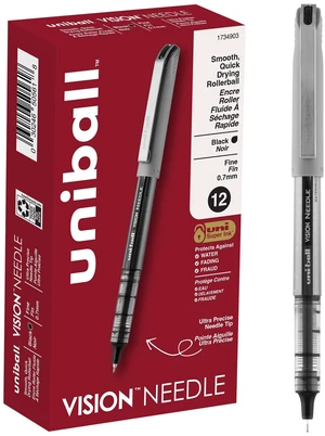 uniball Vision Needle Rollerball Pens, Fine Point (0.7mm), Black, 12 Pack uniball Vision Needle Rollerball Pens, Fine Point (0.7mm), Black, 12 Pack
