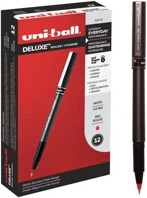 Uniball Deluxe, Red Rollerball Pens - 0.5mm Micro Point, Pack of 12 Uniball Deluxe, Red Rollerball Pens - 0.5mm Micro Point, Pack of 12