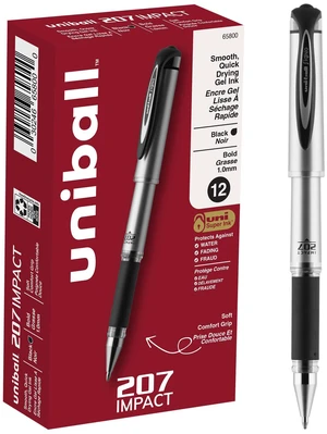 uniball 207 Impact Gel Pens, Bold Point (1.0mm), Black, 12 Pack Bold gel ink lay-down for pronounced lettering, fraud-resistant uni Super Ink, water & fade-resistant, comfort grip uniball 207 Impact Gel Pens, Bold Point (1.0mm), Black, 12 Pack Bold gel ink lay-down for pronounced lettering, fraud-resistant uni Super Ink, water & fade-resistant, comfort grip