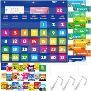 Calendar Pocket Chart, Classroom Monthly Pocket Chart with 76 Cards (68 Illustrated Activity Cards, 8 Dry Erase Blank Cards) plus 3 Over Door Metal Hangers for Classroom Home Preschool (20" x 19") Calendar Pocket Chart, Classroom Monthly Pocket Chart with 76 Cards (68 Illustrated Activity Cards, 8 Dry Erase Blank Cards) plus 3 Over Door Metal Hangers for Classroom Home Preschool (20" x 19")