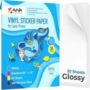 Printable Vinyl Sticker Paper for Laser Printer - Glossy White - 30 Self-Adhesive Sheets - Waterproof Decal Paper - Standard Letter Size 8.5"x11" Printable Vinyl Sticker Paper for Laser Printer - Glossy White - 30 Self-Adhesive Sheets - Waterproof Decal Paper - Standard Letter Size 8.5"x11"