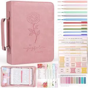 Bible Cover Case for Women Leather Bible Bag Kit Church Book Holder Pink & Embossed Rose Journaling Kit Portable Carrying Organizer w/Handle, Tabs, Pens, Study Supply Christian Gifts for Woman Bible Cover Case for Women Leather Bible Bag Kit Church Book Holder Pink & Embossed Rose Journaling Kit Portable Carrying Organizer w/Handle, Tabs, Pens, Study Supply Christian Gifts for Woman