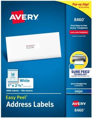 ® Easy Peel® Printable Address Labels, Sure Feed® Technology, 1" x 2-5/8" Customizable Stickers, White, 3,000 Blank Mailing Labels, Great for Mailing, Shipping, and More (8460) ® Easy Peel® Printable Address Labels, Sure Feed® Technology, 1" x 2-5/8" Customizable Stickers, White, 3,000 Blank Mailing Labels, Great for Mailing, Shipping, and More (8460)