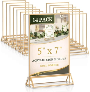 Acrylic Sign Holder 5x7, 14 Pack Double-Sided Gold Tabletop Frame Double-Sided Gold Acrylic Sign Holder and Table Number Frames for Menus, Flyers, Weddings and Restaurants Acrylic Sign Holder 5x7, 14 Pack Double-Sided Gold Tabletop Frame Double-Sided Gold Acrylic Sign Holder and Table Number Frames for Menus, Flyers, Weddings and Restaurants