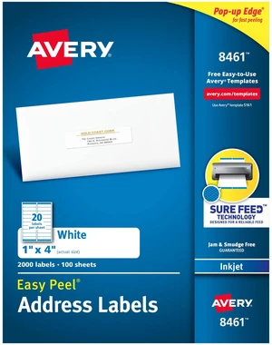 Easy Peel Printable Address Labels, Sure Feed Technology, 1" x 4", White, 2,000 Blank Mailing Labels (08461) Easy Peel Printable Address Labels, Sure Feed Technology, 1" x 4", White, 2,000 Blank Mailing Labels (08461)