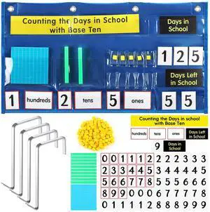 Counting the Days in School Pocket Chart with Base Ten Back to School Place Value Pocket Chart with Math Counting Caddie & 4 Hooks for Classroom Bulletin Board Home Decor, Blue Counting the Days in School Pocket Chart with Base Ten Back to School Place Value Pocket Chart with Math Counting Caddie & 4 Hooks for Classroom Bulletin Board Home Decor, Blue