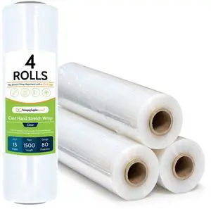 PSBM Cast Hand Plastic Stretch Wrap/Shrink Film 15" x 1500 Ft 80 GA 4 Rolls Stretch Wrap Heavy Duty Plastic Film, Industrial Strength Shrink Packaging for Moving, Packing & Shipping PSBM Cast Hand Plastic Stretch Wrap/Shrink Film 15" x 1500 Ft 80 GA 4 Rolls Stretch Wrap Heavy Duty Plastic Film, Industrial Strength Shrink Packaging for Moving, Packing & Shipping