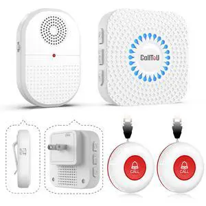Wireless Caregiver Pager, 2 Buttons, Vibrating & Plug-in Receivers Dual IP55 Call Bells; Portable Vibration Alert for Yard/Garage; Outlet Sound & Flash Chime for Kitchen; Bedside & Bathroom Wireless Caregiver Pager, 2 Buttons, Vibrating & Plug-in Receivers Dual IP55 Call Bells; Portable Vibration Alert for Yard/Garage; Outlet Sound & Flash Chime for Kitchen; Bedside & Bathroom