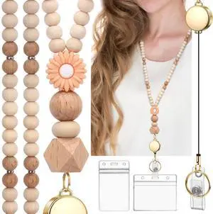 Retractable Teacher Lanyard with Id Holder Cute Natural Wooden Beaded Lanyard for Id Badges Keys for Women Retractable Teacher Lanyard with Id Holder Cute Natural Wooden Beaded Lanyard for Id Badges Keys for Women