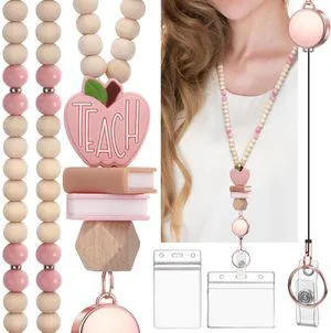 Retractable Teacher Lanyard with Id Holder Cute Natural Wooden Beaded Lanyard for Id Badges Keys for Women Retractable Teacher Lanyard with Id Holder Cute Natural Wooden Beaded Lanyard for Id Badges Keys for Women