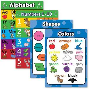 4 pack - ABC Alphabet + Numbers 1-10 + Shapes + Colors Poster Set - Toddler Educational Charts (LAMINATED, 18" x 24") 4 pack - ABC Alphabet + Numbers 1-10 + Shapes + Colors Poster Set - Toddler Educational Charts (LAMINATED, 18" x 24")