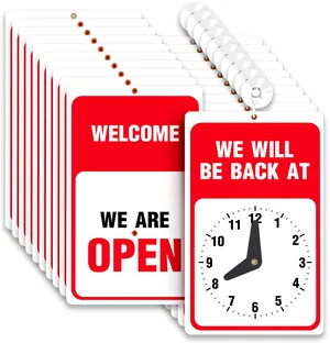 Will Return Clock Sign, Be Back Soon, 9.25 x 5.75", 10 Pack Prevents Lost Sales, Adjustable Clock Shows Return Time, High Visibility Red & White, Includes Suction Cup, Double-Sided Will Return Clock Sign, Be Back Soon, 9.25 x 5.75", 10 Pack Prevents Lost Sales, Adjustable Clock Shows Return Time, High Visibility Red & White, Includes Suction Cup, Double-Sided