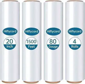 Stretch Film Shrink Wrap Roll 20" x 1500FT, Heavy Duty Stretch Wrap 4 Pack 80 Gauge Clear Pallet Wrap, 800% Industrial Stretch, Self-Adhesive Cling, Plastic Wrap for Furniture Wrapping Shipping Moving Stretch Film Shrink Wrap Roll 20" x 1500FT, Heavy Duty Stretch Wrap 4 Pack 80 Gauge Clear Pallet Wrap, 800% Industrial Stretch, Self-Adhesive Cling, Plastic Wrap for Furniture Wrapping Shipping Moving