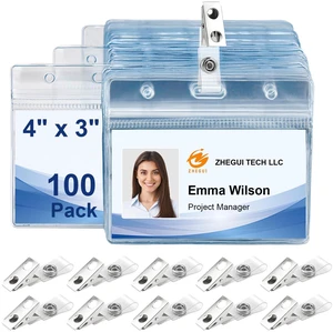 Clear Horizontal 4x3 Name Tag Holders 100 Pack with Metal Clips, Bulk Waterproof PVC ID Badge Holder, Heavy Duty Plastic Name Badge Holders for Conventions, Festivals, Corporate Events and Staff Clear Horizontal 4x3 Name Tag Holders 100 Pack with Metal Clips, Bulk Waterproof PVC ID Badge Holder, Heavy Duty Plastic Name Badge Holders for Conventions, Festivals, Corporate Events and Staff