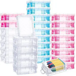 32 Pcs Plastic Crayon Boxes Bulk, Clear, Blue, Pink Stackable Crayon Holder Case with Snap Lids, Pen Pencil Container Organizer, for Art Craft School Classroom Office Supply 32 Pcs Plastic Crayon Boxes Bulk, Clear, Blue, Pink Stackable Crayon Holder Case with Snap Lids, Pen Pencil Container Organizer, for Art Craft School Classroom Office Supply