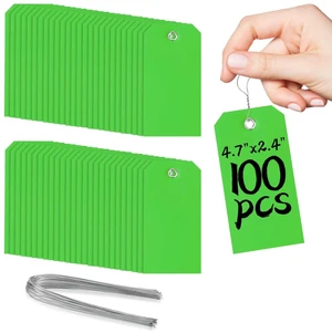 100 Green Tags with Wires - Waterproof, Writable, Neon - 4 3/4" x 2 3/8" Heavy Duty Shipping Tags for Luggage, Parts, Machines 100 Green Tags with Wires - Waterproof, Writable, Neon - 4 3/4" x 2 3/8" Heavy Duty Shipping Tags for Luggage, Parts, Machines