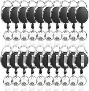 20 Pack Retractable Badge Reels with Carabiner and Key Ring, Black 25.5 in retractable cord, heavy-duty plastic and metal, clips to belt or bag, for ID badges, keys, cards 20 Pack Retractable Badge Reels with Carabiner and Key Ring, Black 25.5 in retractable cord, heavy-duty plastic and metal, clips to belt or bag, for ID badges, keys, cards