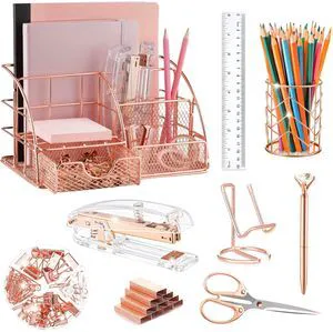 Rose Gold Desk Organizers and Accessories Office Supplies Set Stapler, Pen Holder, Phone Holder, Scissors, Pen, Ruler, 30 Paper Clips, 22 Binder Clip, 20 Tacks and 1000pcs Staples Rose Gold Desk Organizers and Accessories Office Supplies Set Stapler, Pen Holder, Phone Holder, Scissors, Pen, Ruler, 30 Paper Clips, 22 Binder Clip, 20 Tacks and 1000pcs Staples