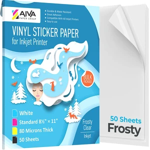 Printable Vinyl Sticker Paper for Inkjet Printer - Frosty Clear - Semi-Transparent - 50 Self-Adhesive Sheets - Waterproof Decal Paper - Standard Letter Size 8.5"x11" Printable Vinyl Sticker Paper for Inkjet Printer - Frosty Clear - Semi-Transparent - 50 Self-Adhesive Sheets - Waterproof Decal Paper - Standard Letter Size 8.5"x11"