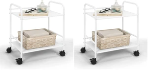 2-Tier Metal Rolling Utility Cart Mobile Storage Shelf with Caster Wheels Small Space Organizer for Home, Office, Bedroom, Kitchen (WHT) (Pack of 2) 2-Tier Metal Rolling Utility Cart Mobile Storage Shelf with Caster Wheels Small Space Organizer for Home, Office, Bedroom, Kitchen (WHT) (Pack of 2)