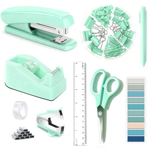 Green Office Supplies, Teal Desk Accessories Accessories with Tape Dispenser, Stapler, Staple Remover, 1000 Staples, Tape, Clips Set, Ruler, Scissor, Pen Green Office Supplies, Teal Desk Accessories Accessories with Tape Dispenser, Stapler, Staple Remover, 1000 Staples, Tape, Clips Set, Ruler, Scissor, Pen