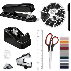 Office Desk Accessories, Black Office Supplies Accessories with Tape Dispenser, Stapler, Staple Remover, 1000 Staples, Tape, Clips Set, Ruler, Scissor, Pen Office Desk Accessories, Black Office Supplies Accessories with Tape Dispenser, Stapler, Staple Remover, 1000 Staples, Tape, Clips Set, Ruler, Scissor, Pen