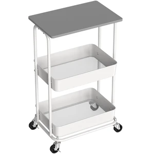 2-Tier Rolling Utility Cart Wood Top/Lockable Wheel, Gray Metal Storage Organizer Trolley for Kitchen, Bathroom, Office, Craft Room 2-Tier Rolling Utility Cart Wood Top/Lockable Wheel, Gray Metal Storage Organizer Trolley for Kitchen, Bathroom, Office, Craft Room
