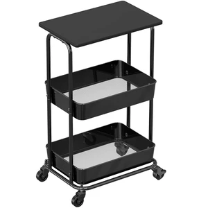 2-Tier Rolling Utility Cart Wood Top/Lockable Wheel, Black Metal Storage Organizer Trolley for Kitchen, Bathroom, Office, Craft Room 2-Tier Rolling Utility Cart Wood Top/Lockable Wheel, Black Metal Storage Organizer Trolley for Kitchen, Bathroom, Office, Craft Room