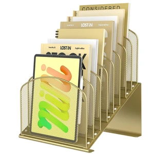 Inclined Desk File Organizer Folder Holder with 8-Section, Gold Inclined Desk File Organizer Folder Holder with 8-Section, Gold