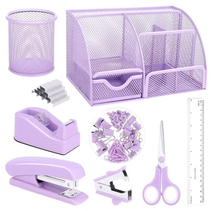 Purple Mesh Desk Organizer and Accessories, Purple Office Supplies 7 Compartments Desk Organizer with Stapler,Tape Dispenser,1000 Staples,Pen Holder,Staple Remover,Clips,Ruler,Scissors Purple Mesh Desk Organizer and Accessories, Purple Office Supplies 7 Compartments Desk Organizer with Stapler,Tape Dispenser,1000 Staples,Pen Holder,Staple Remover,Clips,Ruler,Scissors