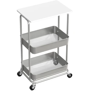 2-Tier Rolling Utility Cart Wood Top/Lockable Wheel, White Metal Storage Organizer Trolley for Kitchen, Bathroom, Office, Craft Room 2-Tier Rolling Utility Cart Wood Top/Lockable Wheel, White Metal Storage Organizer Trolley for Kitchen, Bathroom, Office, Craft Room