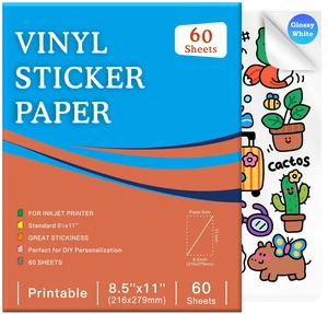 60-Sheet Glossy White Printable Vinyl Sticker Paper, 8.5x11, Inkjet Glossy White Waterproof, Dries Quickly, Vivid Colors, Tear-Resistant Vinyl, Works With Cutting Machines 60-Sheet Glossy White Printable Vinyl Sticker Paper, 8.5x11, Inkjet Glossy White Waterproof, Dries Quickly, Vivid Colors, Tear-Resistant Vinyl, Works With Cutting Machines