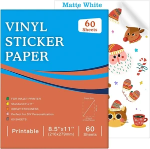8.5x11 Printable Vinyl Sticker Paper, 60 Matte White Sheets Matte White Surface, for Inkjet Printers, Compatible With Cutting Machines, Labels, Decals & Craft Projects 8.5x11 Printable Vinyl Sticker Paper, 60 Matte White Sheets Matte White Surface, for Inkjet Printers, Compatible With Cutting Machines, Labels, Decals & Craft Projects