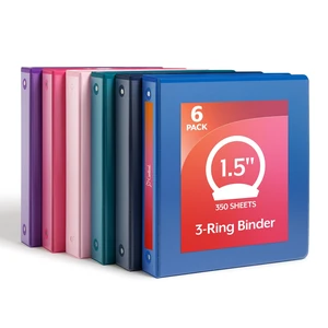 1.5 Inch 3 Ring Binders, 6 Pack, Assorted Colors, Holds 350 Sheets Round rings, clear view covers for custom inserts, and 2 inside pockets. PVC free, non stick. Stock up pack 1.5 Inch 3 Ring Binders, 6 Pack, Assorted Colors, Holds 350 Sheets Round rings, clear view covers for custom inserts, and 2 inside pockets. PVC free, non stick. Stock up pack