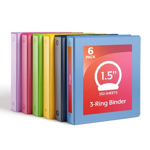 1.5 Inch 3 Ring Binders, 6 Pack, Assorted Colors, Holds 350 Sheets Round rings, clear view covers for custom inserts, and 2 inside pockets. PVC free, non stick. Stock up pack 1.5 Inch 3 Ring Binders, 6 Pack, Assorted Colors, Holds 350 Sheets Round rings, clear view covers for custom inserts, and 2 inside pockets. PVC free, non stick. Stock up pack