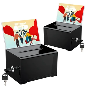2 Pack 6.2"x 4.7" x 4" Black Acrylic Donation Box with Lock Plastic storage container fitted with sign holder, ideal for voting, charity and daily tip collection 2 Pack 6.2"x 4.7" x 4" Black Acrylic Donation Box with Lock Plastic storage container fitted with sign holder, ideal for voting, charity and daily tip collection