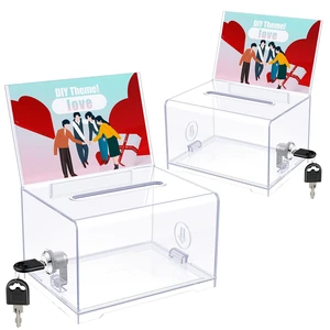 2 Pack 6.2"x 4.7" x 4" Clear Acrylic Donation Box with Lock Slot Clear plastic storage container equipped with sign holder for charity, fundraising, voting and tip collection 2 Pack 6.2"x 4.7" x 4" Clear Acrylic Donation Box with Lock Slot Clear plastic storage container equipped with sign holder for charity, fundraising, voting and tip collection