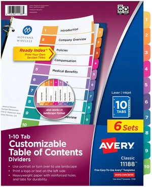 Ready Index Table of Contents Dividers, 10-Tab, Color, 6 Sets For Organizing Reports and Projects, Printable Table of Contents, Reinforced Holes and Tabs, Works With Templates Ready Index Table of Contents Dividers, 10-Tab, Color, 6 Sets For Organizing Reports and Projects, Printable Table of Contents, Reinforced Holes and Tabs, Works With Templates