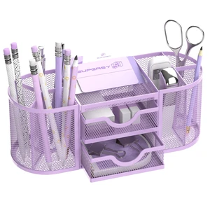 Mesh Desk Organizer, Pen Holder for Desk with 2 Drawers, Purple Desk Organizers and Accessories with 8 Compartments and 2 Drawers, Pencil Holder for Desk for Small Office Supplies Mesh Desk Organizer, Pen Holder for Desk with 2 Drawers, Purple Desk Organizers and Accessories with 8 Compartments and 2 Drawers, Pencil Holder for Desk for Small Office Supplies