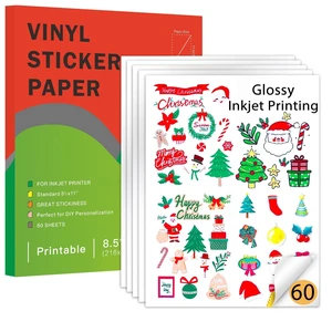 Printable Vinyl Sticker Paper for Inkjet Printers, 60 Sheets Glossy White 8.5 x 11 Inch, Waterproof, Quick Dry, Vivid Colors, Compatible with Cricut for Decals and DIY Stickers Printable Vinyl Sticker Paper for Inkjet Printers, 60 Sheets Glossy White 8.5 x 11 Inch, Waterproof, Quick Dry, Vivid Colors, Compatible with Cricut for Decals and DIY Stickers