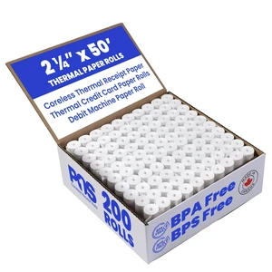 2 1/4 x 50 ft 200 Rolls CORELESS BPA Free BPS Free Thermal Paper Rolls debit & credit 2 1/4 x 50 ft 200 Rolls CORELESS BPA Free BPS Free Thermal Paper Rolls debit & credit