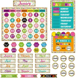 169 Pcs Classroom Calendar Board Confetti Style Confetti Style Class Set with Weather Seasons Days Month Cards, Stickers for Bulletin Wall Display 169 Pcs Classroom Calendar Board Confetti Style Confetti Style Class Set with Weather Seasons Days Month Cards, Stickers for Bulletin Wall Display