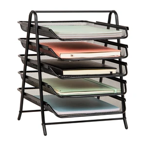5-Tier Paper Tray Organizer, Vertical Desktop File Storage Rack, Office, Metal Mesh, Black 5-Tier Paper Tray Organizer, Vertical Desktop File Storage Rack, Office, Metal Mesh, Black