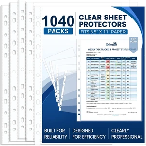 1040 Pack Clear Sheet Protectors 8.5 x 11 Inch Easy-Open, Transparent Plastic Page Sleeves for 3-Ring Binders, Bulk Pack for Business, Office, School & Classroom Use - Durable & Smooth 1040 Pack Clear Sheet Protectors 8.5 x 11 Inch Easy-Open, Transparent Plastic Page Sleeves for 3-Ring Binders, Bulk Pack for Business, Office, School & Classroom Use - Durable & Smooth