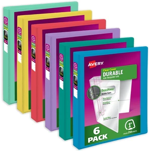 ® Durable View 3 Ring Binders, 1" Ring, 6 Assorted Bright Binders For Daily School, Home and Office Use, DuraHinge Tear-Resistant Spine, DuraEdge Split-Resistant Sides, Clear Overlays ® Durable View 3 Ring Binders, 1" Ring, 6 Assorted Bright Binders For Daily School, Home and Office Use, DuraHinge Tear-Resistant Spine, DuraEdge Split-Resistant Sides, Clear Overlays